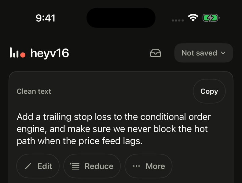 The real heyv16 iPhone app showing cleaned text ready to copy or edit