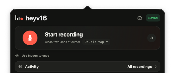 The real heyv16 Mac menu-bar popover ready to start recording